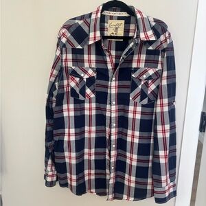 Mens Navy, White & Red Plaid Pearl Button-Up Shirt - Casual Western Style